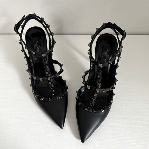 ⭕️ VALENTINO Sandals Heels Black Leather Rockstud Ankle Strap 39 - Picture 8 of 11